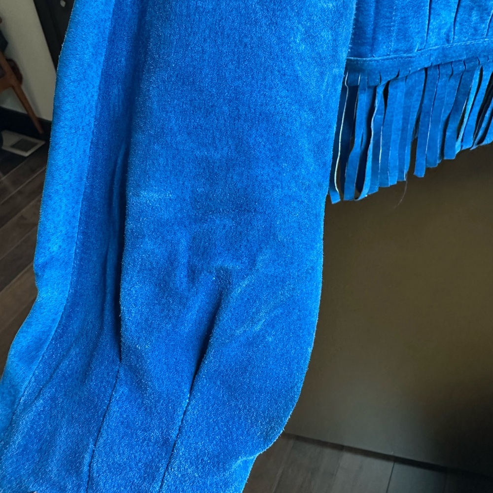 Women's Blue Suede Fringe Jacket - Picture 6 of 9